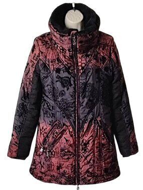 Desigual Flocked Velvet Quilted Puffer Coat 38 6 S Removable Faux Fur Collar